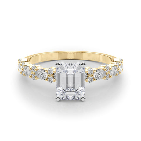 Yellow gold Radiant Solitaire with Side Stones, Pave Band, Four-Prong Setting