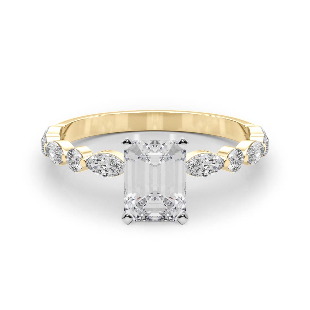 Yellow gold Radiant Solitaire with Side Stones on a Pavé Band and Four-Prong Setting