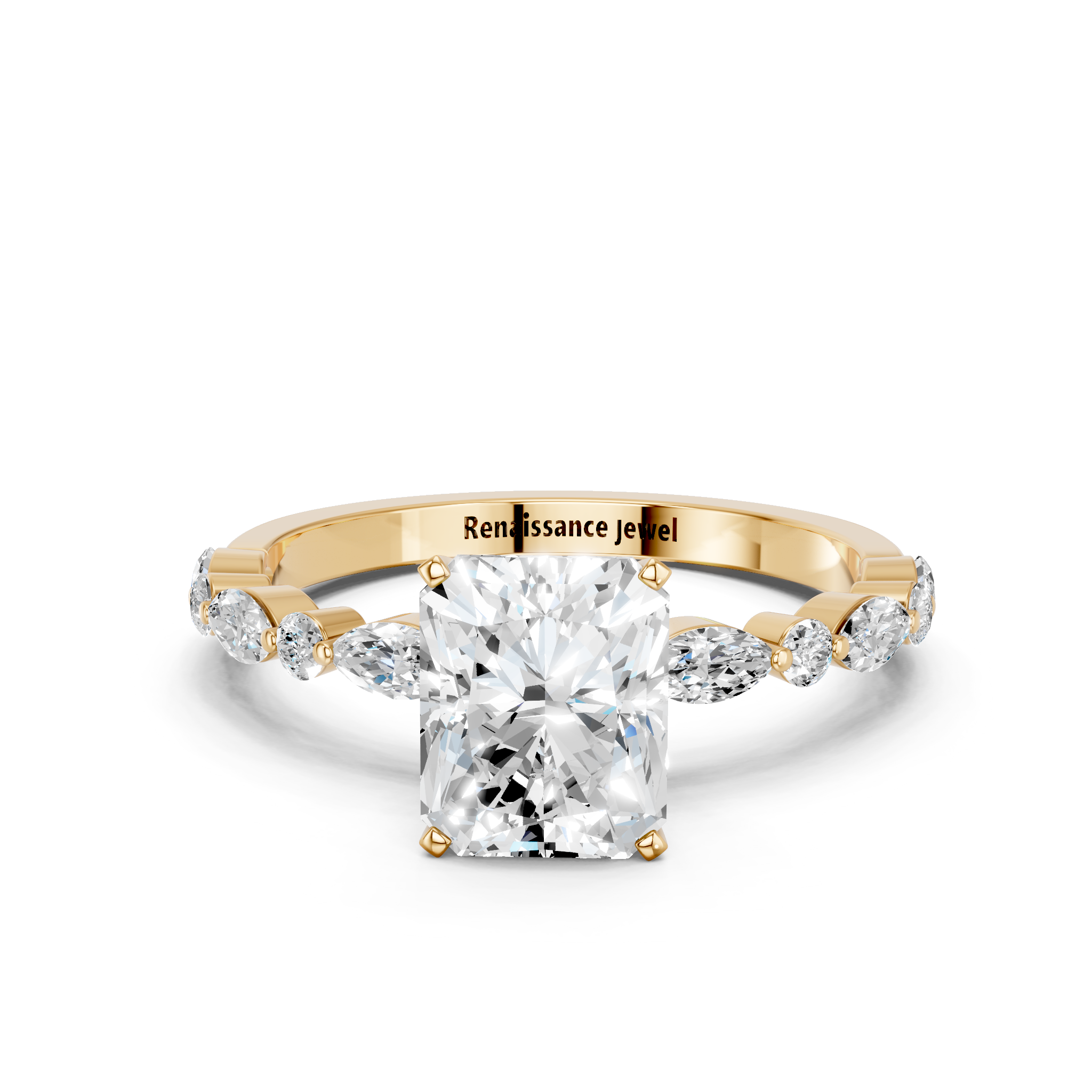 Yellow gold Radiant Solitaire with Side Stones on a Pavé Band and Four-Prong Setting_35