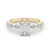10K Yellow Gold 4.14 Carat F VS1 Emerald Solitaire with Side Stones on a Pavé Band and Four-Prong Setting