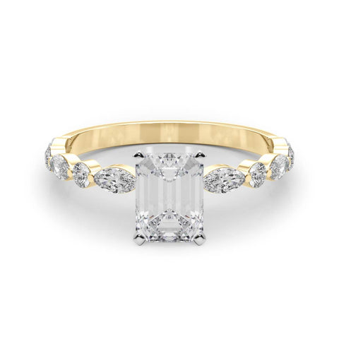 Yellow gold Radiant Solitaire with Side Stones on a Pavé Band and Four-Prong Setting