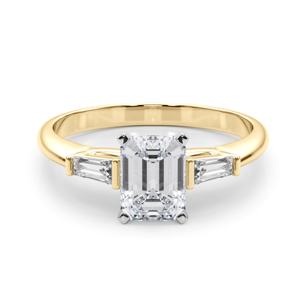 Yellow gold Radiant Solitaire with Tapered Baguette Side Stones on a Classic Band with Four-Prong Setting