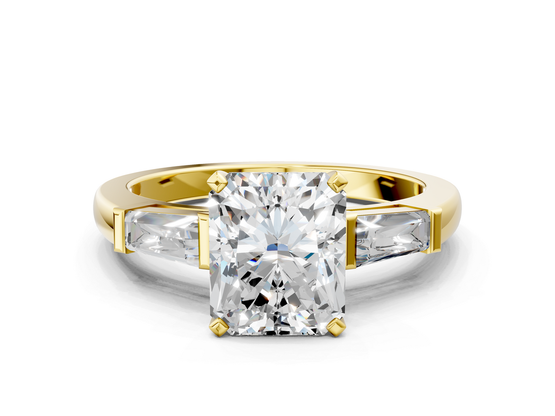 Yellow gold Radiant Solitaire with Tapered Baguette Side Stones on a Classic Band with Four-Prong Setting_134