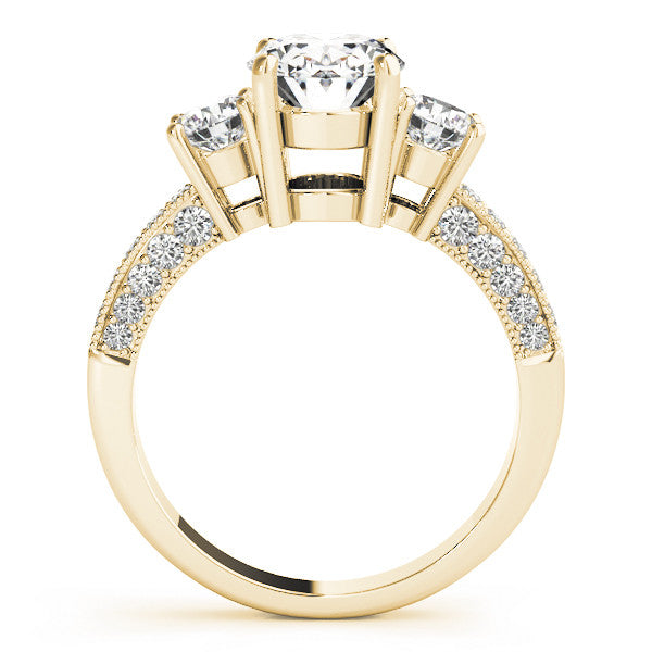 Yellow gold Radiant Three-Stone Diamond Ring with Pavé Band and Four-Prong Setting