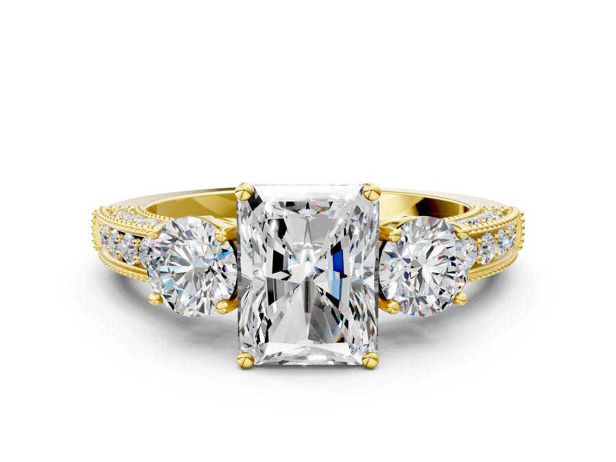 Yellow gold Radiant Three-Stone Diamond Ring with Pavé Band and Four-Prong Setting