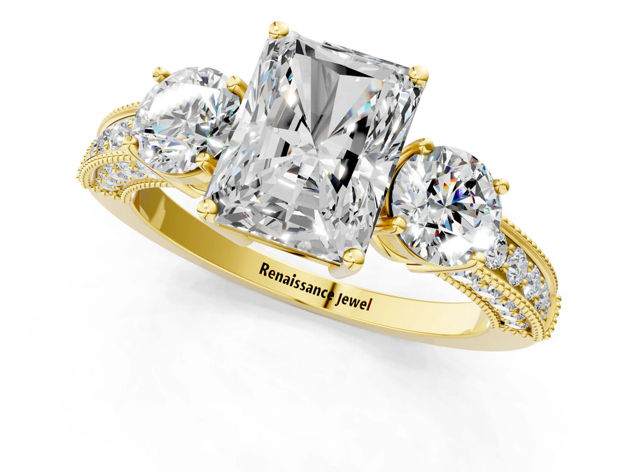 Yellow gold Radiant Three-Stone Diamond Ring with Pavé Band and Four-Prong Setting