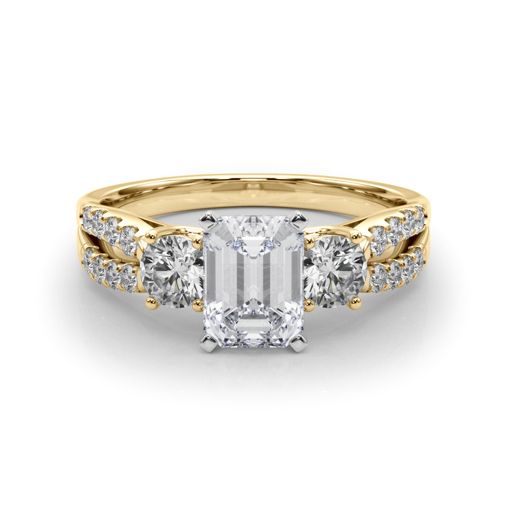 Yellow gold Radiant Three-Stone Diamond Ring with Pavé Split Shank and Four-Prong Setting