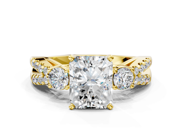 Yellow gold Radiant Cut Diamond Three-Stone Ring with Pavé Split Shank and Four-Prong Setting
