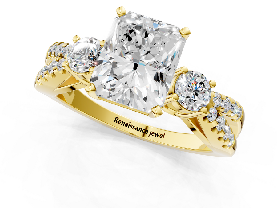 Yellow gold Radiant Cut Diamond Three-Stone Ring with Pavé Split Shank and Four-Prong Setting
