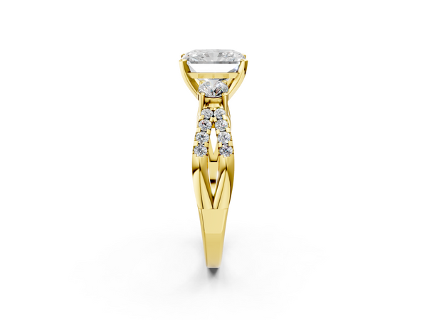 Yellow gold Radiant Cut Diamond Three-Stone Ring with Pavé Split Shank and Four-Prong Setting