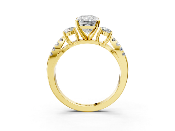 Yellow gold Radiant Cut Diamond Three-Stone Ring with Pavé Split Shank and Four-Prong Setting