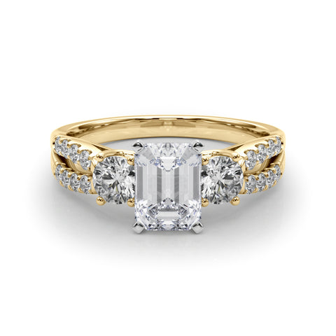 Yellow gold Radiant Three-Stone Diamond Ring with Pavé Split Shank and Four-Prong Setting