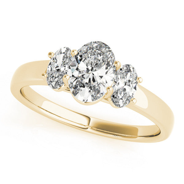 14K Yellow Gold 3.68 Carat F VS1 Oval Three-Stone Diamond Ring with Prong Setting on a Classic Band