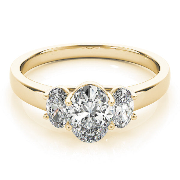 14K Yellow Gold 3.68 Carat F VS1 Oval Three-Stone Diamond Ring with Prong Setting on a Classic Band