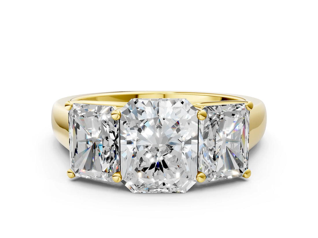 Yellow gold Radiant Three-Stone Diamond Ring with Prong Setting on a Classic Band_15