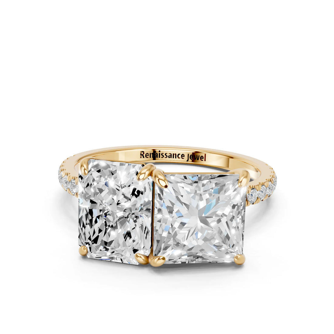 Yellow gold Radiant and Princess Toi Moi Ring with Prong Setting and Micro Pave Band