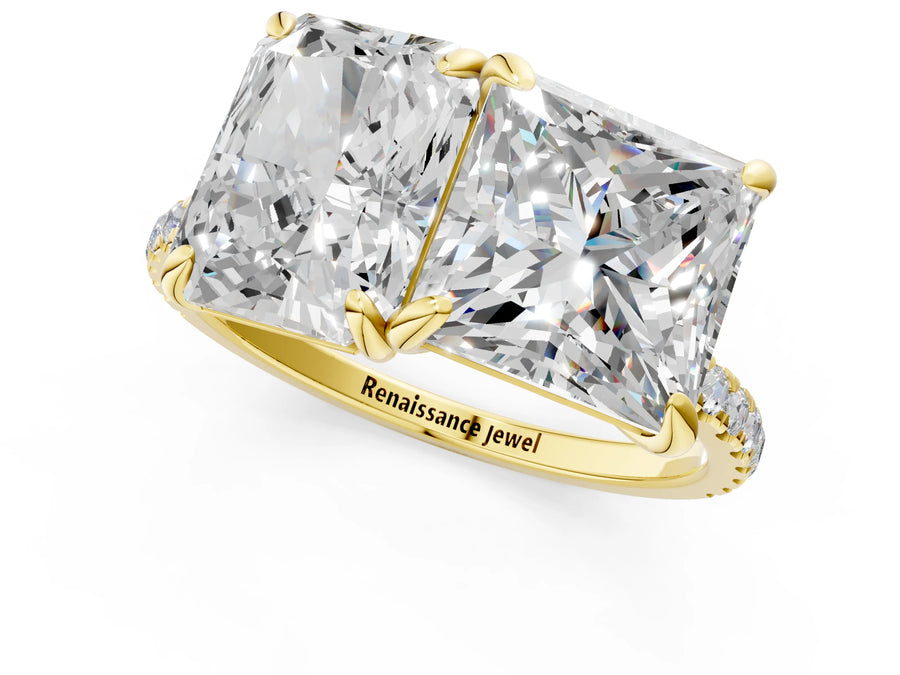 Yellow gold Radiant and Princess Toi Moi Ring with Prong Setting and Pave Band