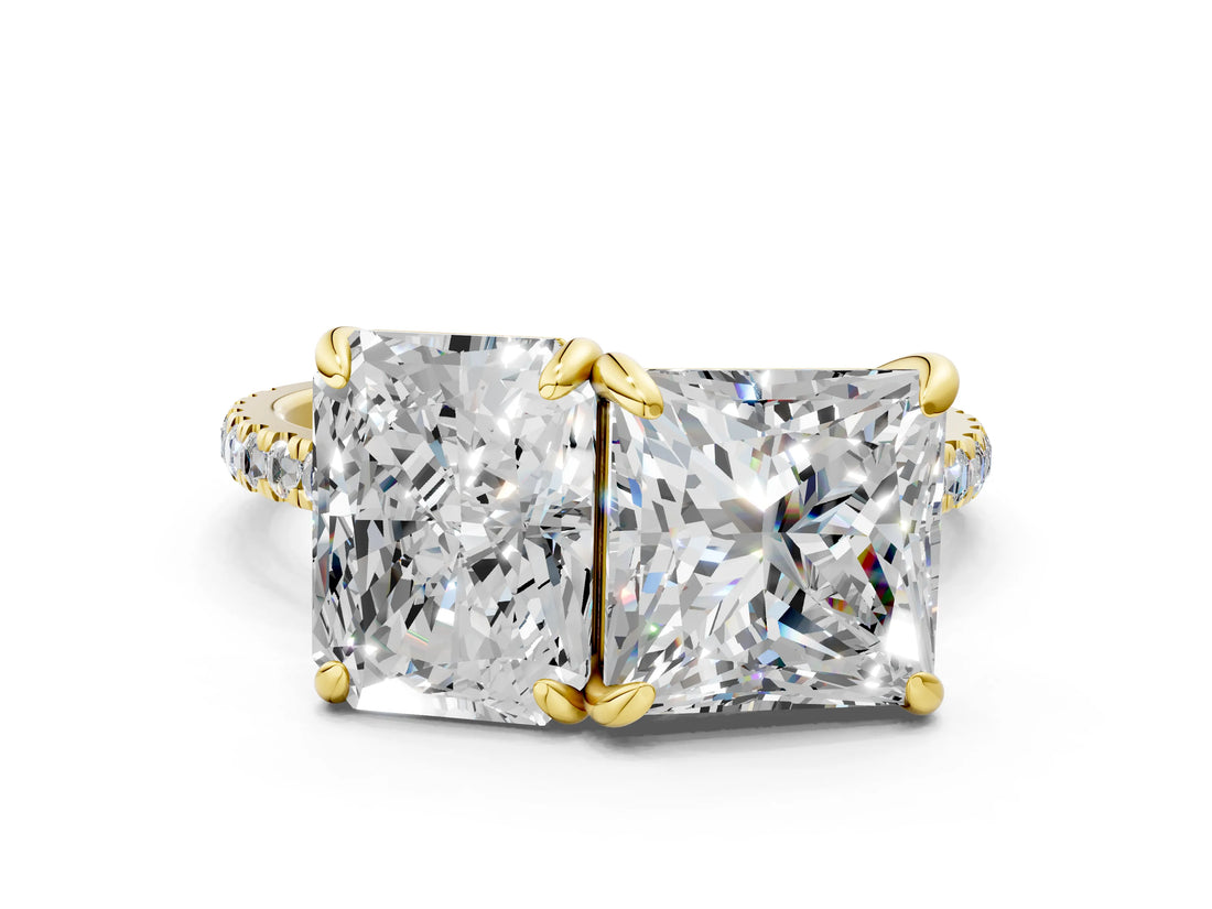 Yellow gold Radiant and Princess Toi Moi Ring with Prong Setting and Pave Band