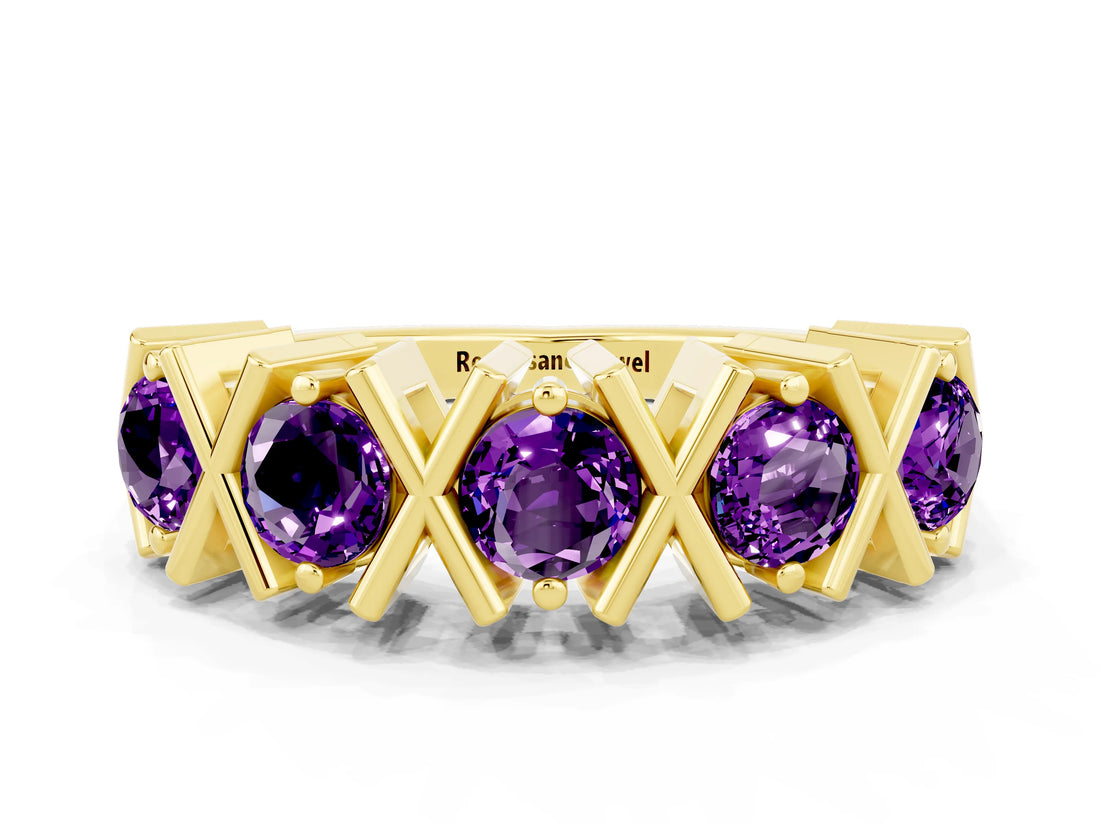 Yellow gold Round Amethyst Channel Set Band with X-Prong Detail_6