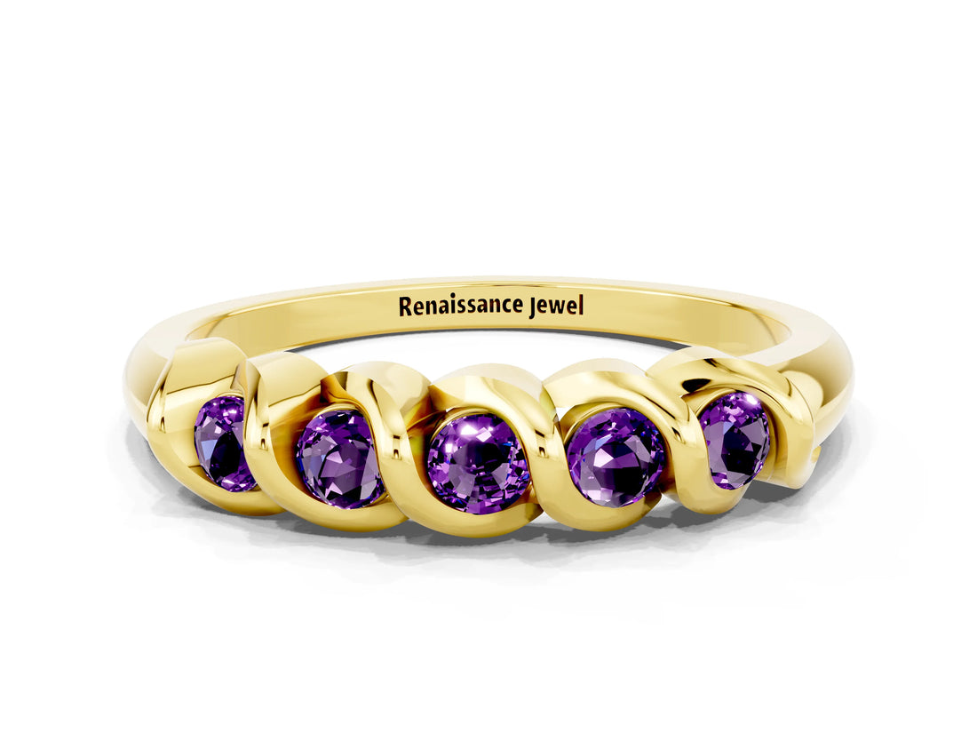 Yellow gold Round Amethyst Eternity Band with Twist Prong Setting_6