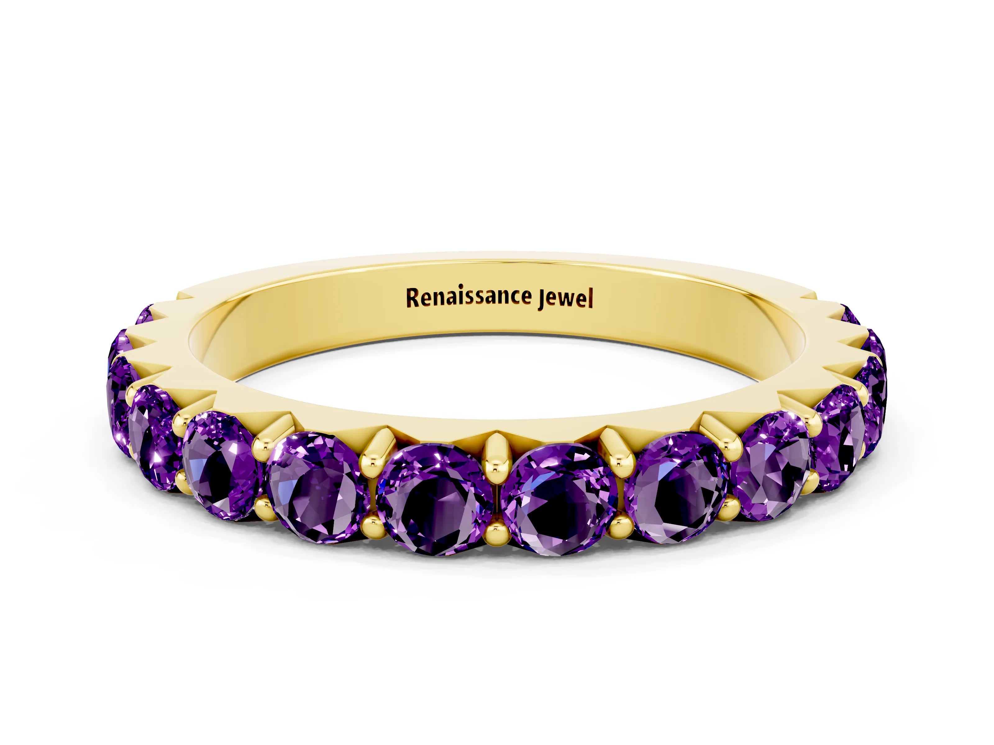 Yellow gold Round Amethyst Half Eternity Band with Classic Prong Setting_6