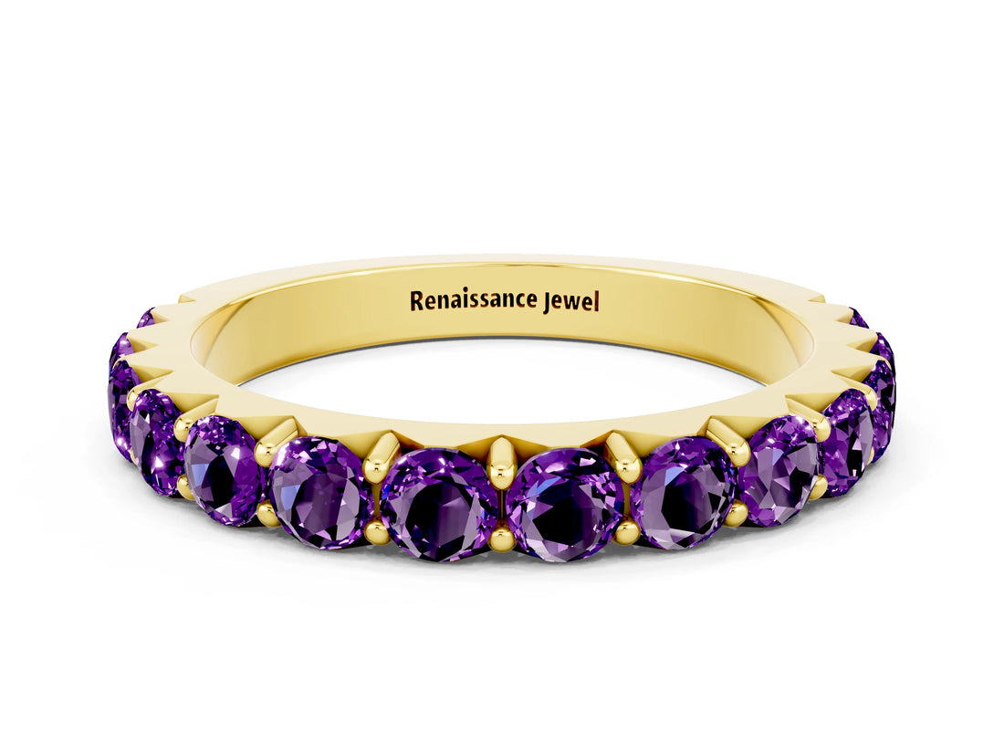 Yellow gold Round Amethyst Half Eternity Band with Classic Prong Setting_6