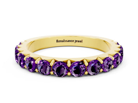 Yellow gold Round Amethyst Half Eternity Band with Classic Prong Setting_6