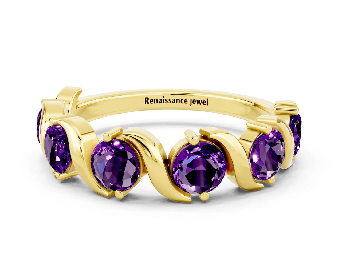 Yellow gold Round Amethyst Half Eternity Band with Wave Prong Setting_6