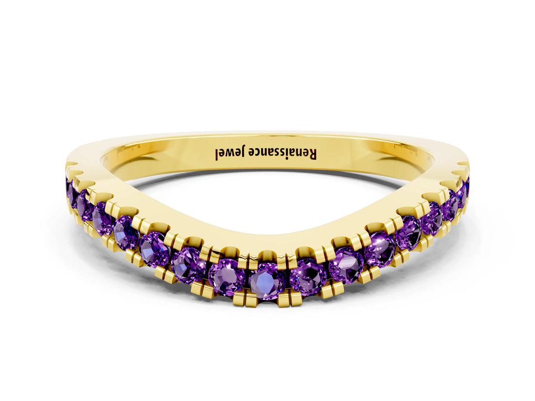 Yellow gold Round Amethyst Pavé Curved Band with Shared Prong Setting_6