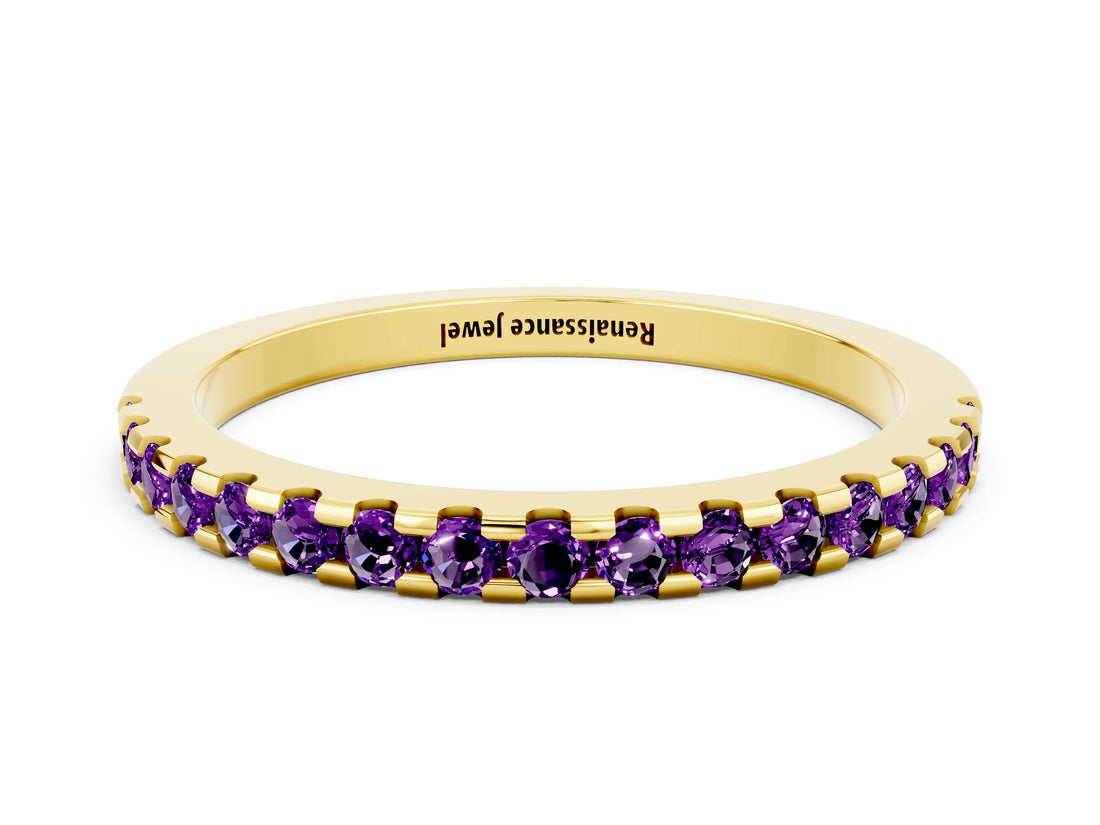 Yellow gold Round Amethyst Pavé Set Eternity Band with Micro Prong Setting_6
