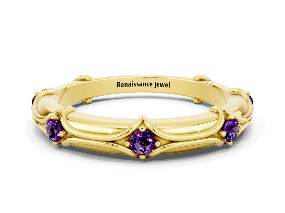 Yellow gold Round Amethyst Prong Set Milgrain Eternity Band_6