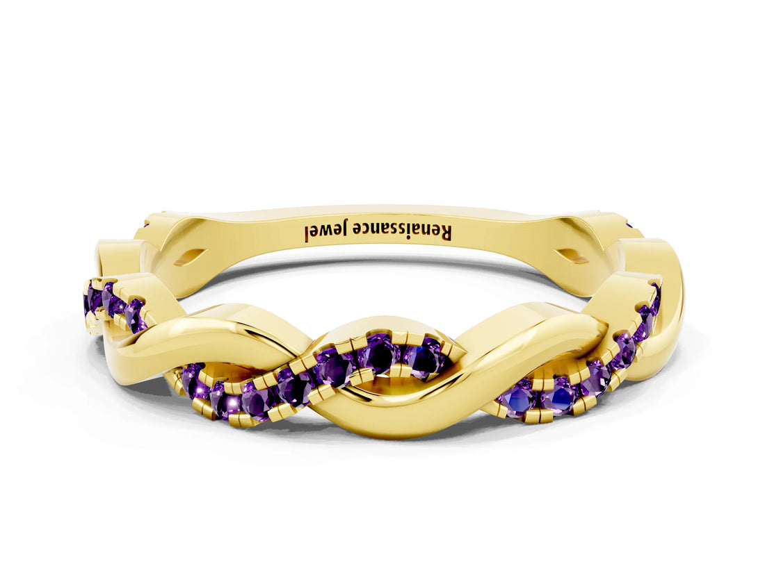 Yellow gold Round Amethyst Twist Eternity Band with Pavé Setting_6