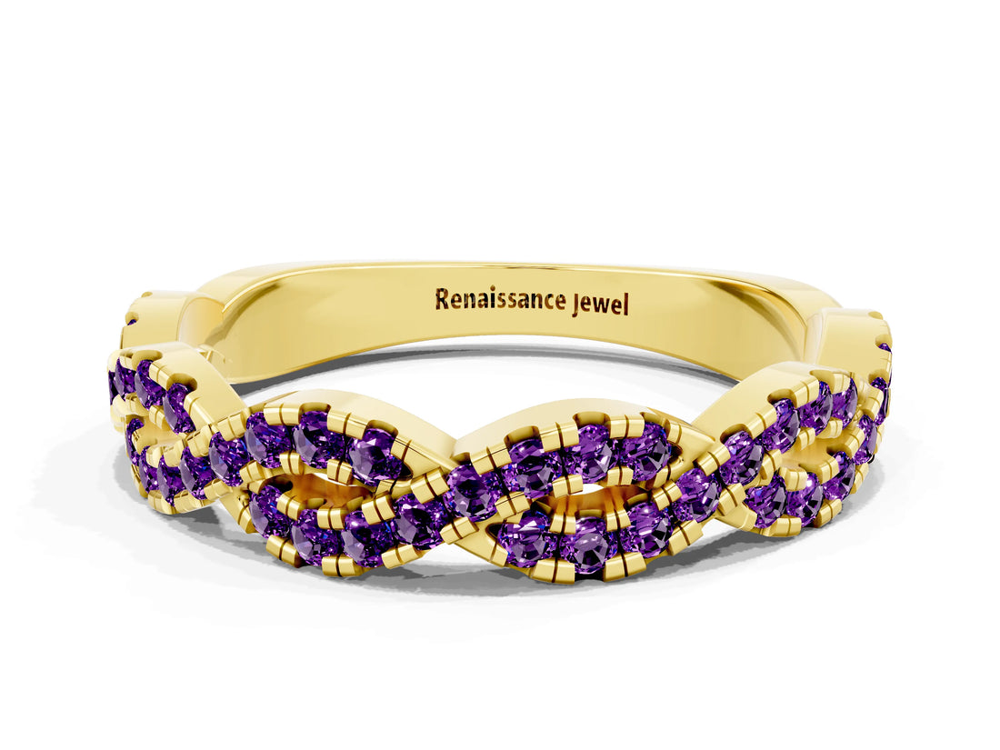 Yellow gold Round Amethyst Twisted Eternity Band with Pavé and Shared Prong Setting_22