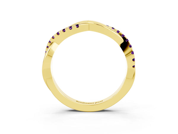 Yellow Gold Round Amethyst Half Eternity Infinity Twist Wedding Band