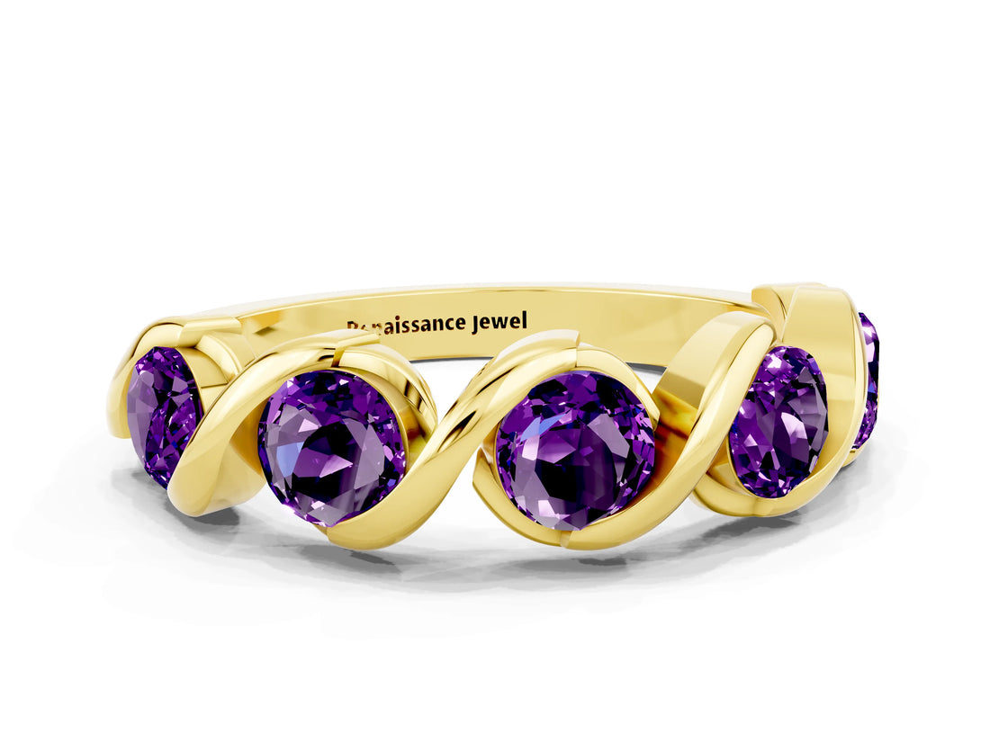 Yellow gold Round Amethyst Wave Band with Channel Setting and Shared Prongs_6