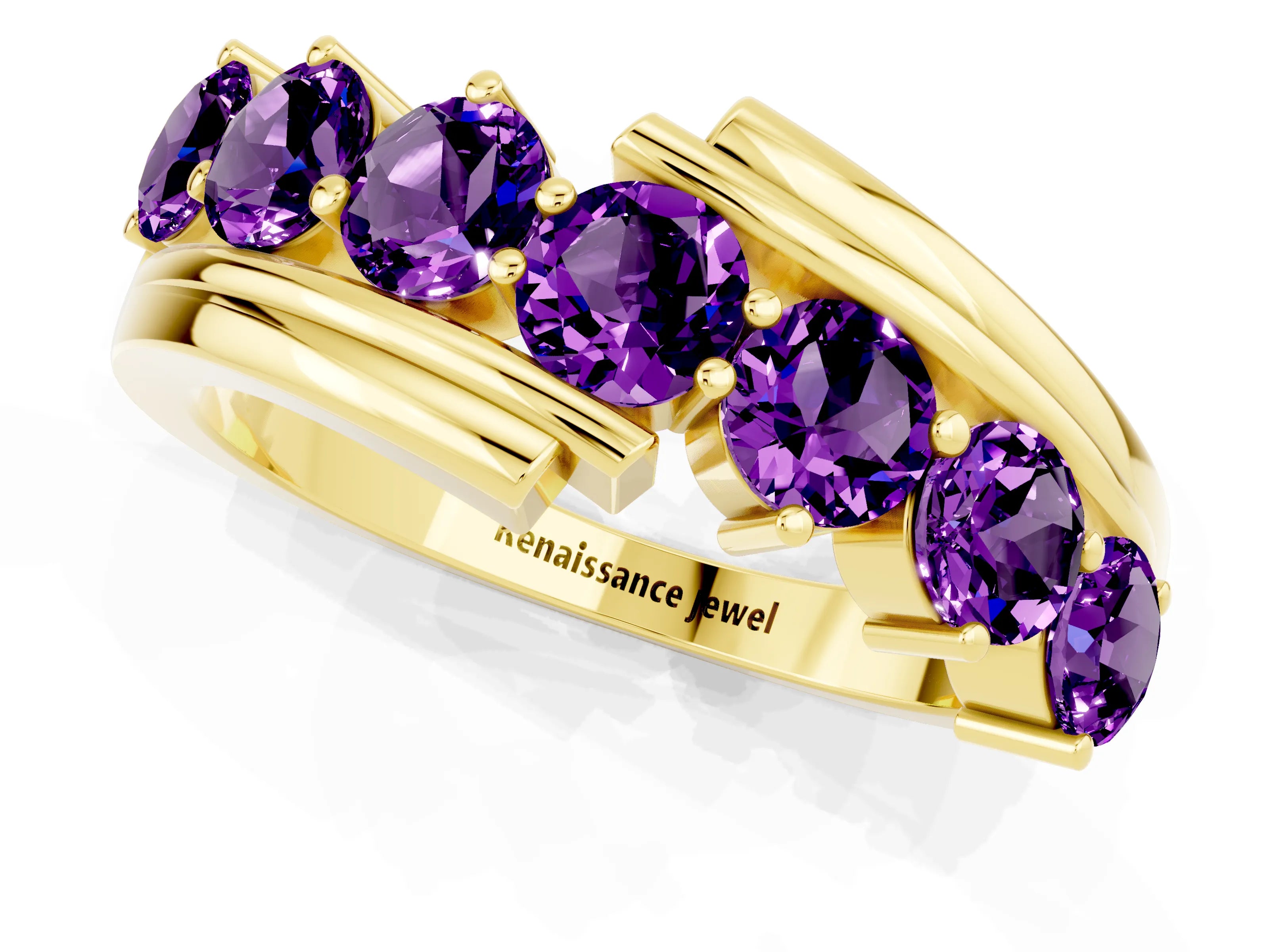 Yellow gold Round Amethyst Wave Band with Channel and Shared Prong Setting_19