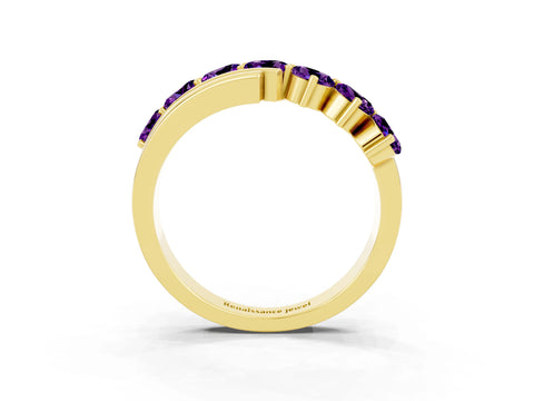 Yellow gold Round Amethyst Wave Band with Channel and Shared Prong Setting_21