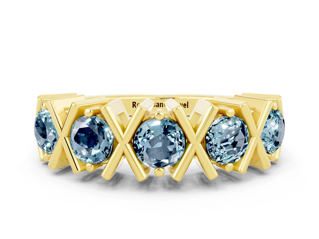 Yellow gold Round Aquamarine Channel Set Band with X-Prong Detail_6
