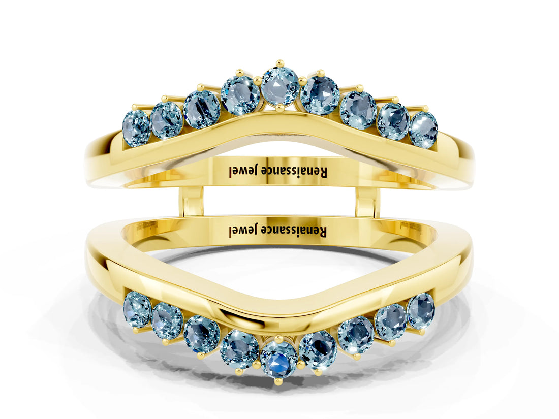 Yellow gold Round Aquamarine Chevron Contour Band with Prong Setting_6