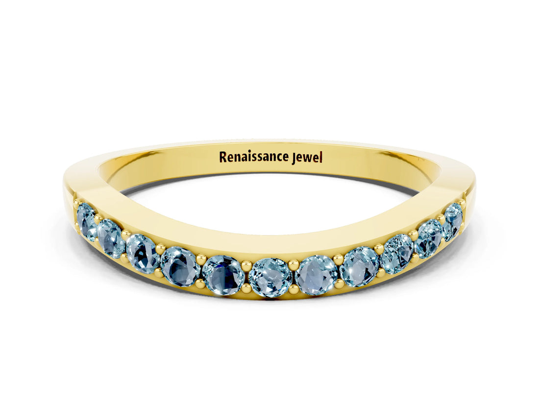 Yellow gold Round Aquamarine Curved Wedding Band with Channel Setting_6