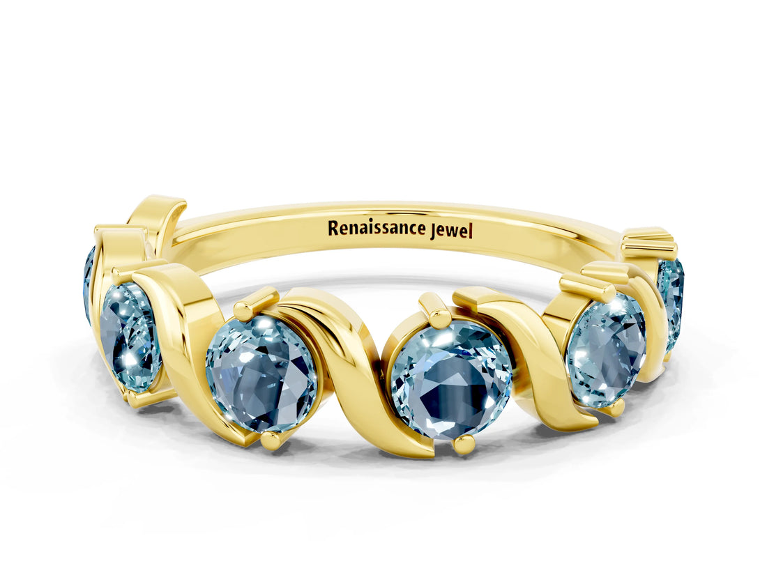 Yellow gold Round Aquamarine Half Eternity Band with Wave Prong Setting_6
