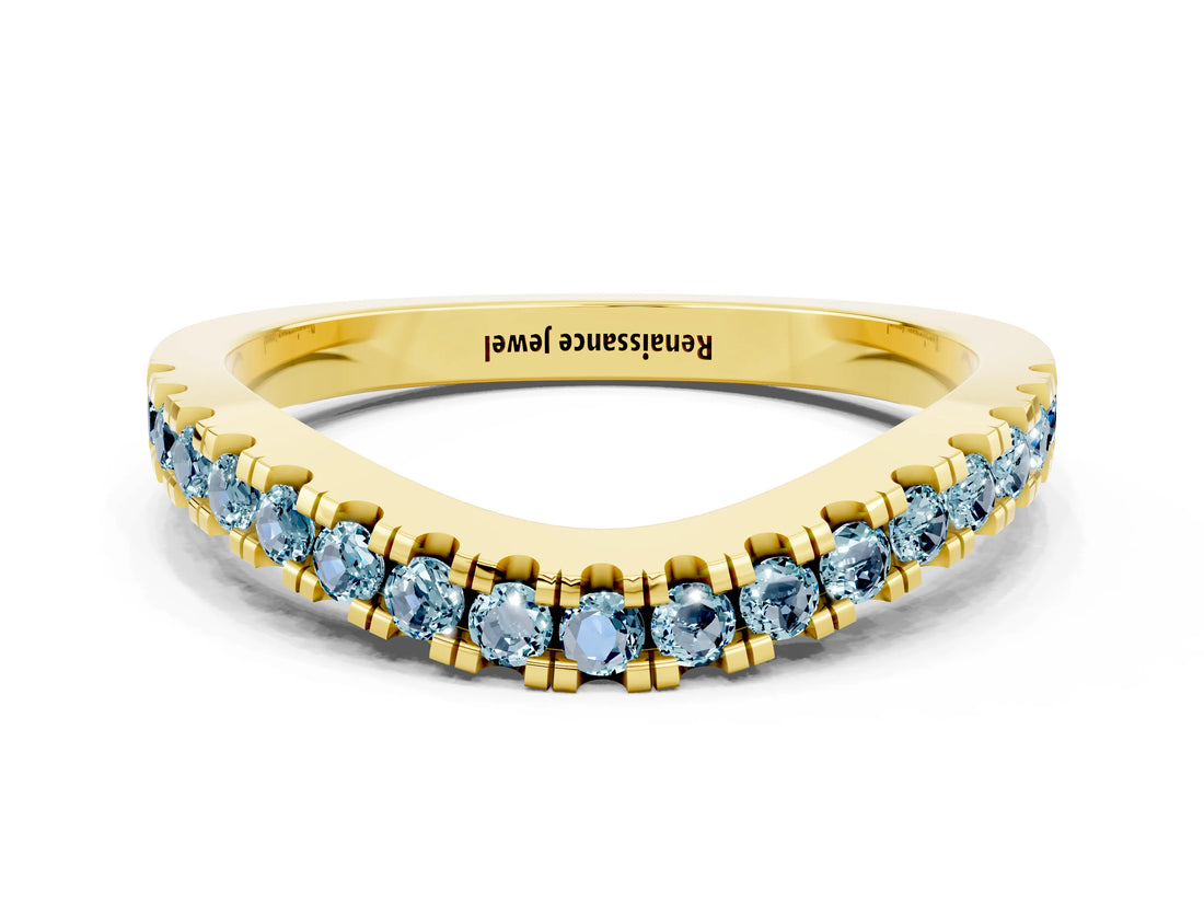 Yellow gold Round Aquamarine Pavé Curved Band with Shared Prong Setting_6