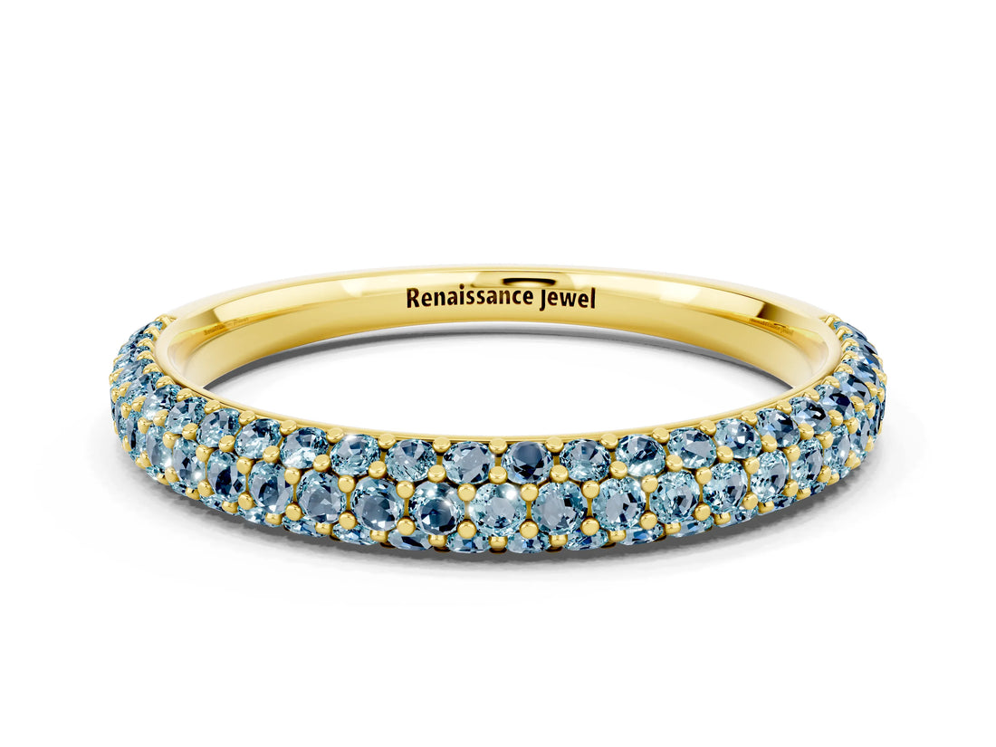 Yellow gold Round Aquamarine Pavé Eternity Band with Shared Prong Setting_6