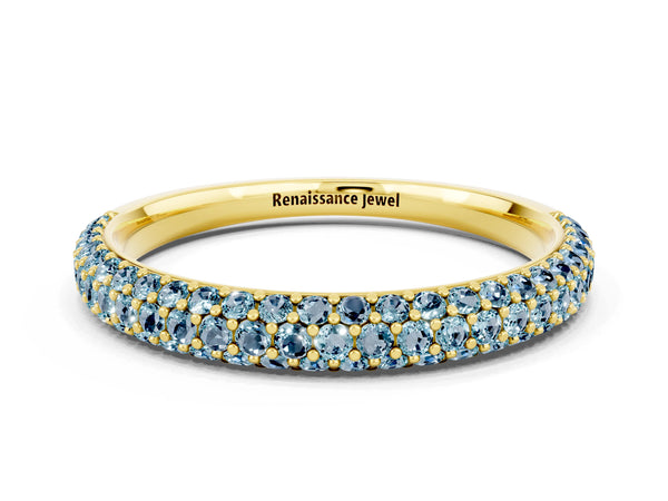 Yellow gold Round Aquamarine Pavé Eternity Band with Shared Prong Setting