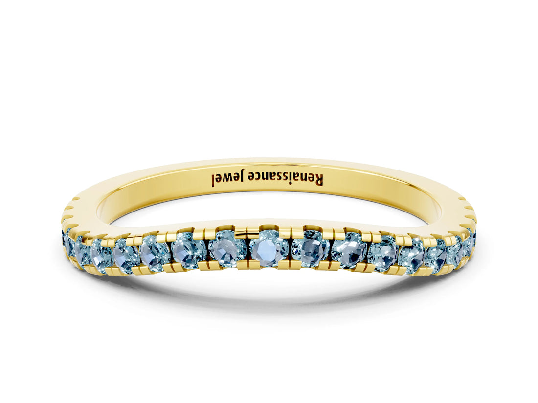 Yellow gold Round Aquamarine Pavé Half Eternity Band with Shared Prong Setting_6