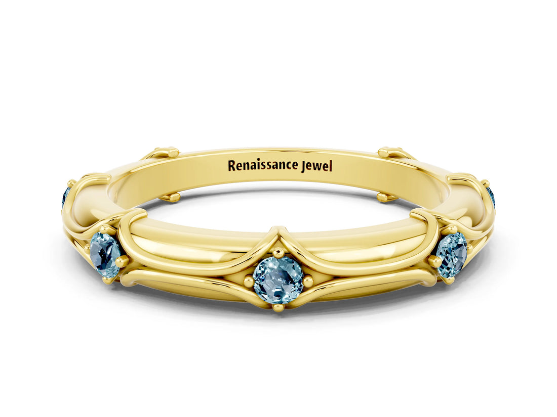 Yellow gold Round Aquamarine Prong Set Milgrain Eternity Band_6