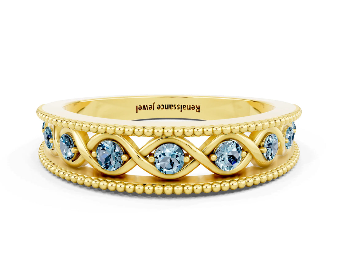 Yellow gold Round Aquamarine Twist Milgrain Band with Bezel Setting_12