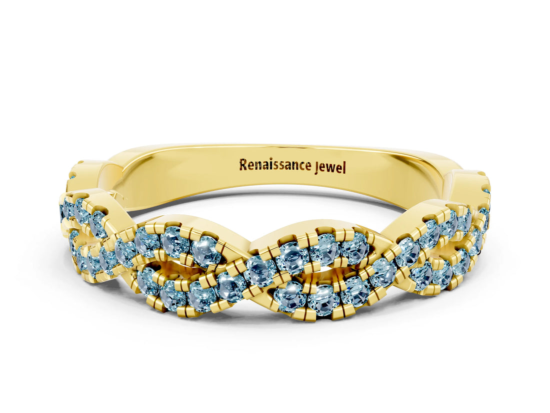 Yellow gold Round Aquamarine Twisted Eternity Band with Pavé and Shared Prong Setting_22