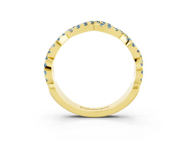 Yellow gold Round Aquamarine Twisted Eternity Band with Pavé and Shared Prong Setting