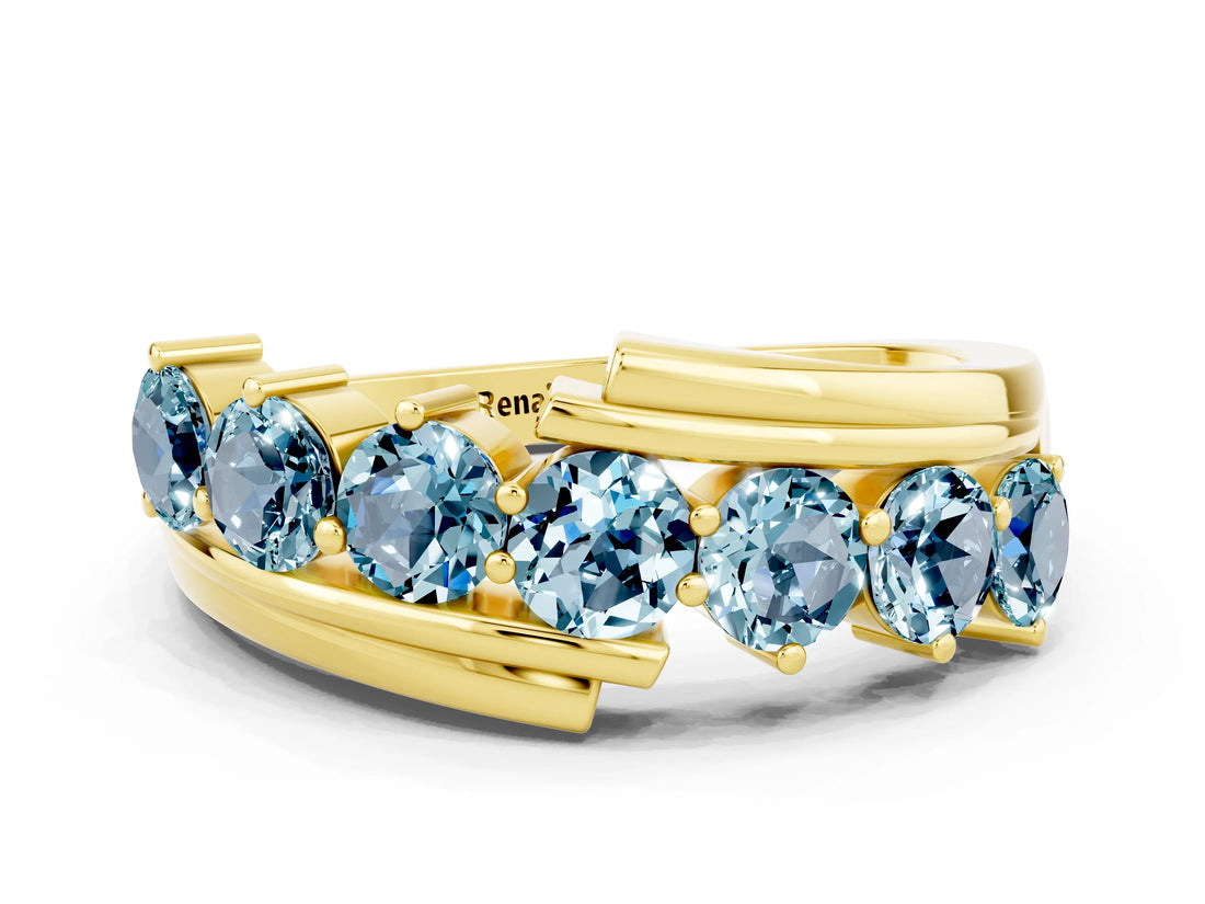 Yellow gold Round Aquamarine Wave Band with Channel and Shared Prong Setting_18